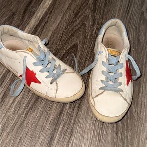 Golden Goose White Sneakers with Red Star and Blue Laces